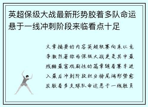 英超保级大战最新形势胶着多队命运悬于一线冲刺阶段来临看点十足